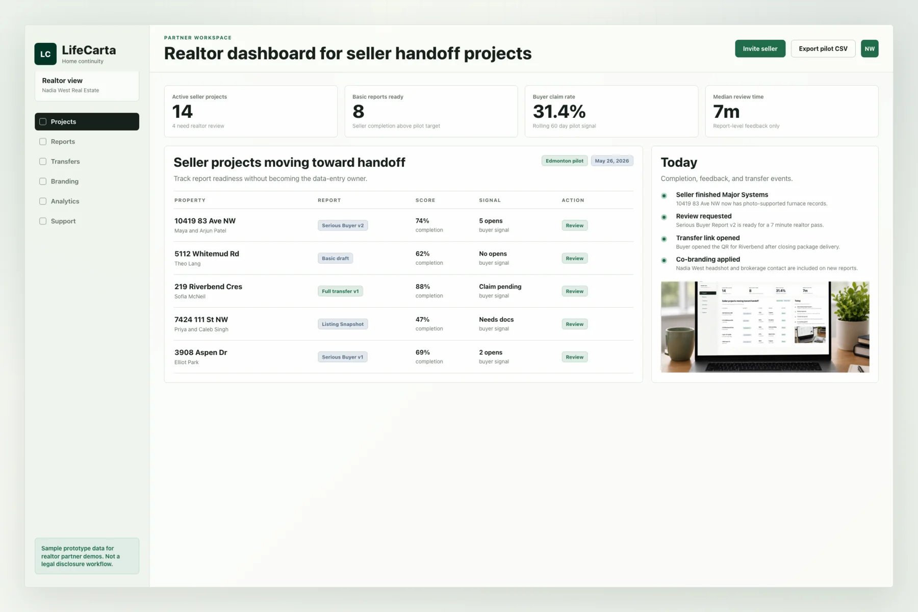 LifeCarta Home Realtor dashboard showing seller handoff projects.